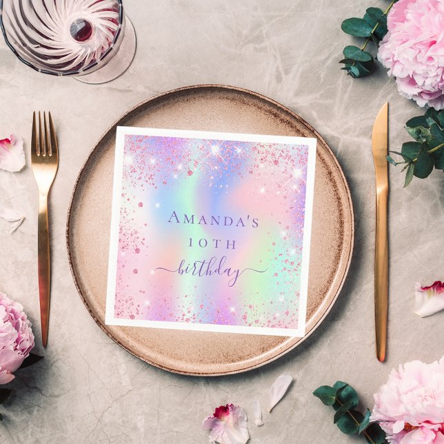 Birthday pink purple glitter holographic name napkin (Creator Uploaded)