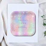 Birthday pink purple glitter holographic name paper plate<br><div class="desc">A girly trendy iridescent background with unicorn and rainbow pastel colours in pink,  purple,  rose gold,  mint green. Decorated with faux glitter dust.  Personalise and add a name and age.  The word birthday is written with a modern hand lettered style script.</div>