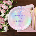 Birthday pink purple glitter holographic name paper plate<br><div class="desc">A girly trendy iridescent background with unicorn and rainbow pastel colors in pink,  purple,  rose gold,  mint green. Decorated with faux glitter drips in rose gold,  pink,  purple.  Personalize and add a name and age.  The word birthday is written with a modern hand lettered style script.</div>