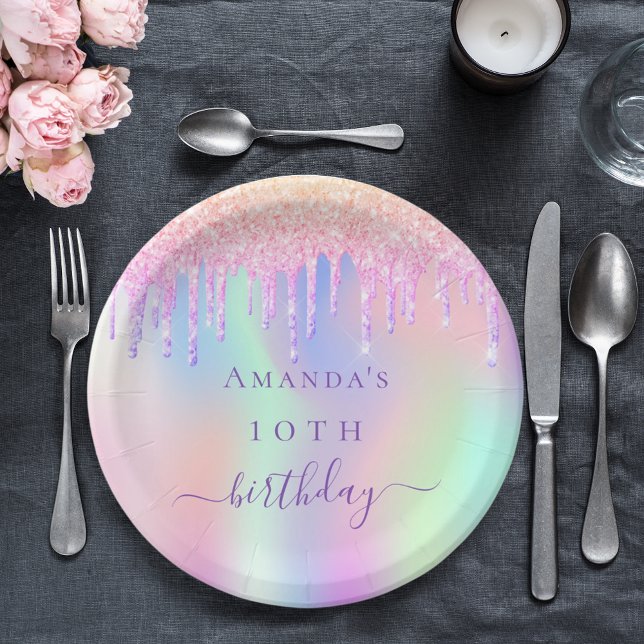 Birthday pink purple glitter holographic name paper plate (Creator Uploaded)
