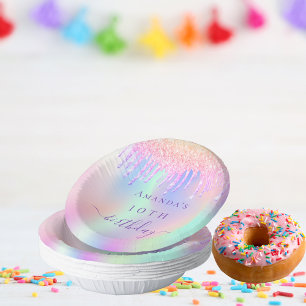 Birthday pink purple glitter holographic name paper plate