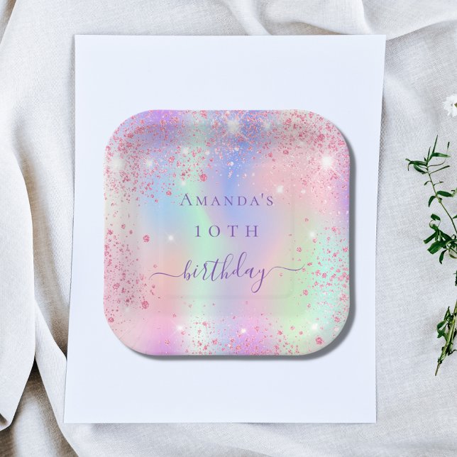 Birthday pink purple glitter holographic name paper plate (Creator Uploaded)