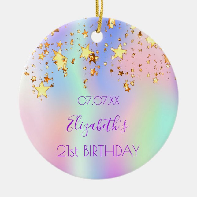 Birthday pink purple holographic gold stars ceramic tree decoration (Front)