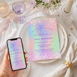 Birthday pink purple holographic invitation<br><div class="desc">A girly and feminine 18th (or any age) birthday party invitation. On front: A rainbow,  holographic coloured background in purple,  pink,  mint green.  Decorated with blush pink confetti.  Personalise and add a name and party details. The name is written with a hand lettered style script,   purple coloured letters.</div>