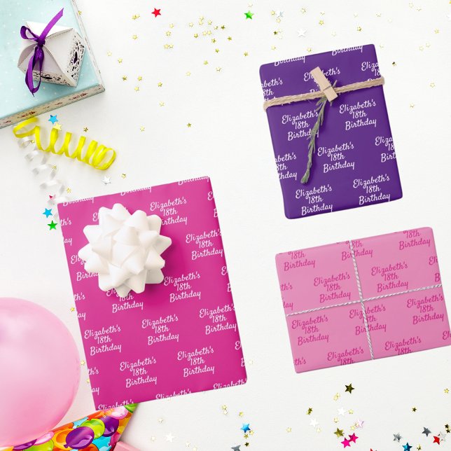 Birthday pink purple name girl wrapping paper sheet (Creator Uploaded)