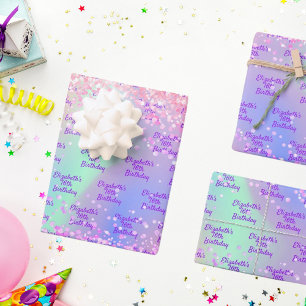 Birthday pink purple rainbow glitter monogram wrapping paper sheet
