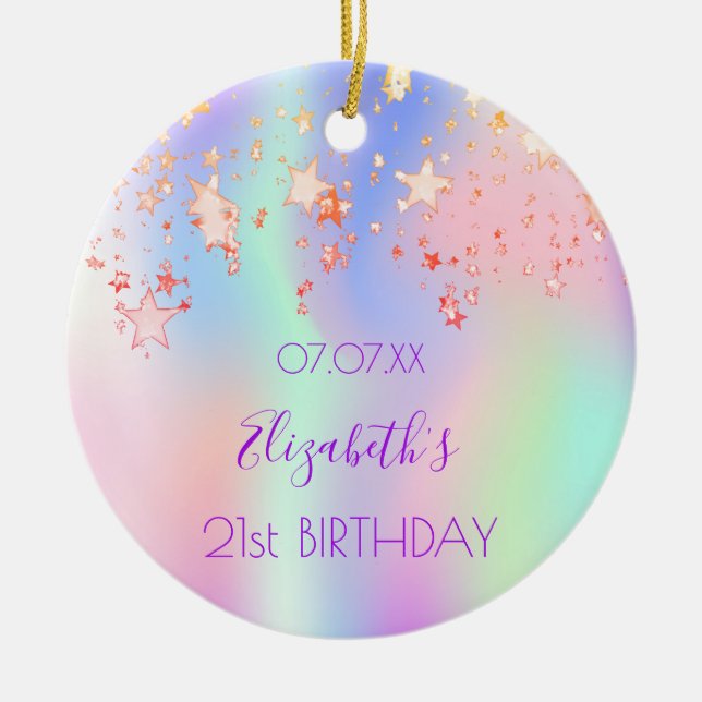 Birthday pink purple stars holographic name ceramic tree decoration (Front)