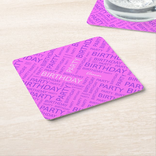 Birthday pink purple typography add name square paper coaster (Angled)