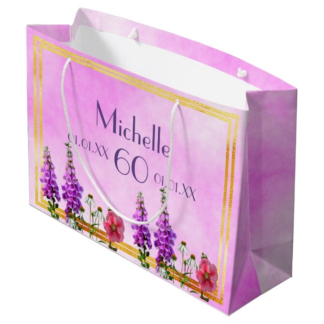 Birthday pink purple wildflowers name large gift bag (Back Angled)