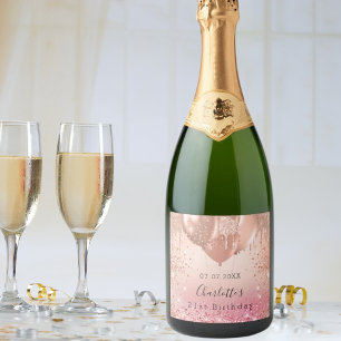 Birthday pink rose gold glitter balloons fun sparkling wine label