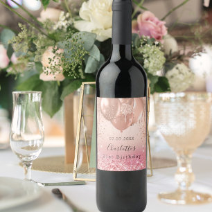 Birthday pink rose gold glitter balloons fun wine label