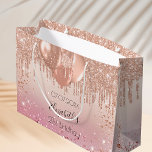 Birthday pink rose gold glitter drip balloons large gift bag<br><div class="desc">A gift bag for a girly and glamourous 21st (or any age) birthday party. A blush pink, rose gold gradient background with faux glitter drips, paint dripping look and balloons. The text: The name is written with a modern hand lettered style script. Personalise and add a date, name and age....</div>
