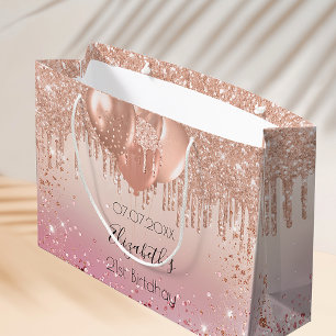 Birthday pink rose gold glitter drip balloons large gift bag