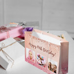 Birthday pink rose gold photo large gift bag<br><div class="desc">For a girly and glamourous 18th (or any age) birthday.  A gradient pink and rose gold background decorated with confetti. Personalise and add 3 photos and age/text.</div>