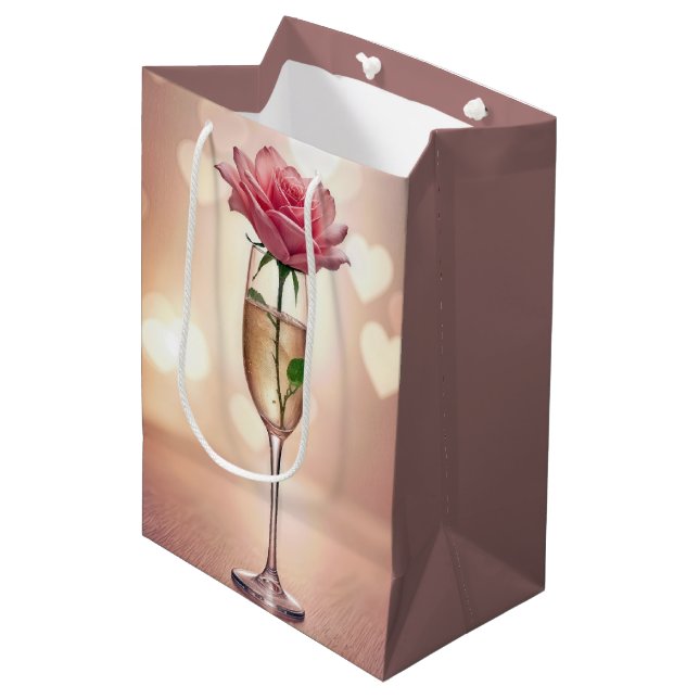 Birthday Pink Rose In Champagne Flute Medium Gift Bag (Front Angled)