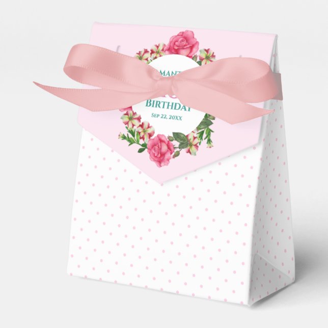 Birthday Pink Rose Red White Petunia Polka Dots Favour Box (Front Side)