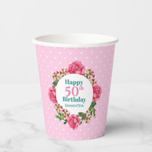 Birthday Pink Rose Red White Petunia Polka Dots Paper Cups