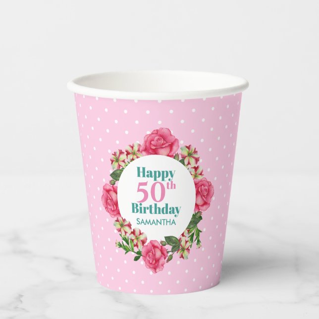 Birthday Pink Rose Red White Petunia Polka Dots Paper Cups (Front)