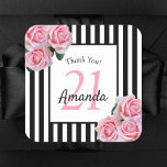 Birthday pink roses black stripes thank you square sticker<br><div class="desc">A sticker for a 21st birthday party. Classic slim black and white vertical stripes as background. With girly and feminine pink roses as decoration. With the curved text: Thank You! A white and blackframe on front with template for age, name and date. Age number 21 in pink, name and date...</div>