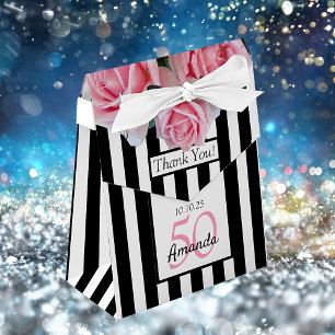 Birthday pink roses black white stripes favour box