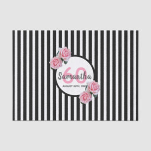Birthday pink roses black white stripes name tissue paper