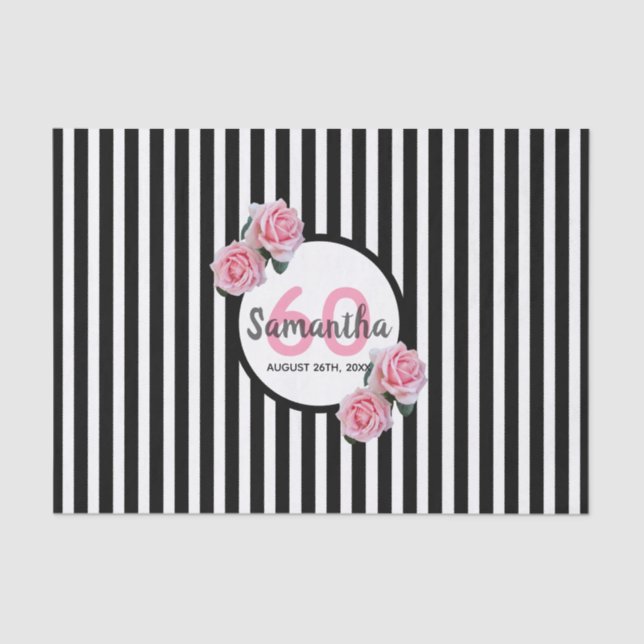 Birthday pink roses black white stripes name tissue paper (Front)