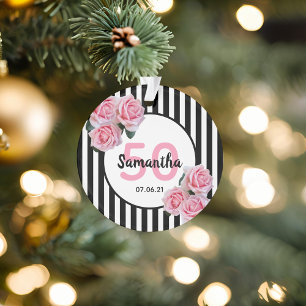 Birthday pink roses black white stripes ornament