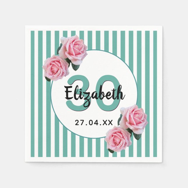 Birthday pink roses teal green stripes monogram napkin (Front)