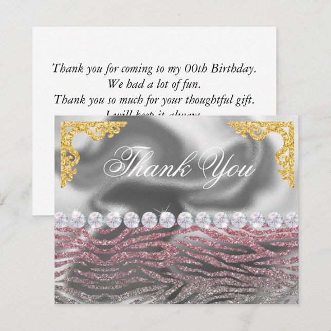 Birthday Pink Silver Zebra Print Glitter Thank You (Front/Back)