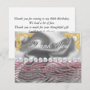 Birthday Pink Silver Zebra Print Glitter Thank You Card