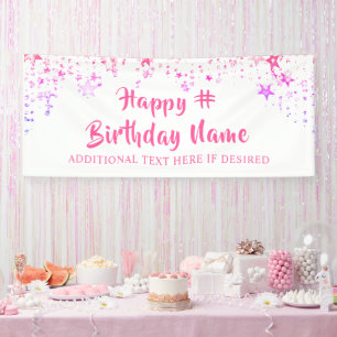 Birthday Pink Stars Brush Script Personalised Banner