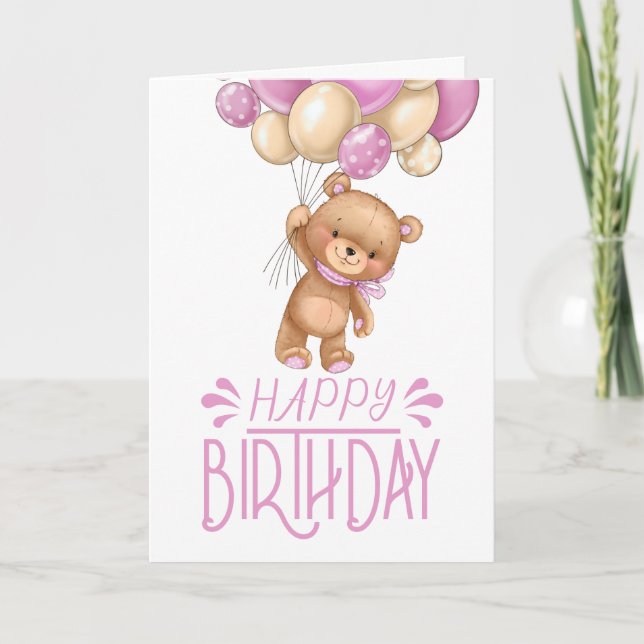 birthday pink teddy balloon girl card (Front)