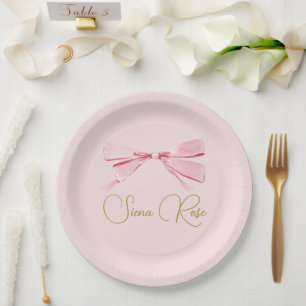 Birthday Pink Watercolor Bow Cute Paper Plate
