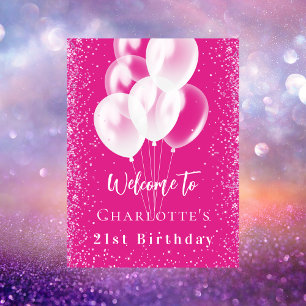 Birthday pink white balloons welcome poster