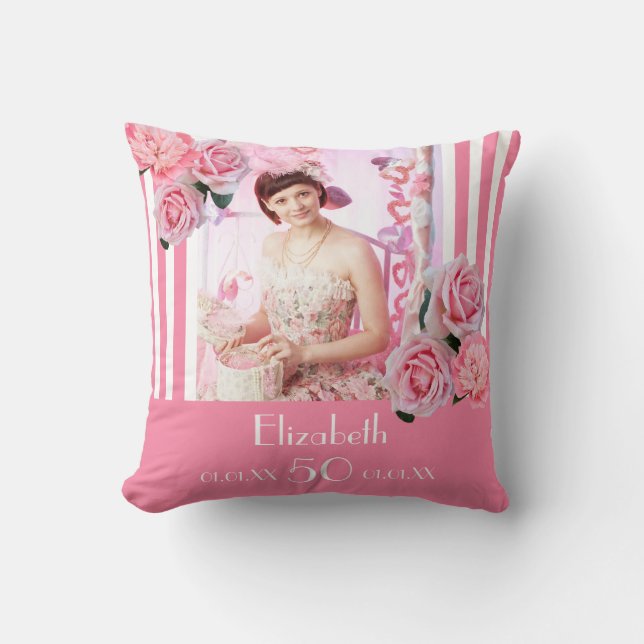 Birthday pink white stripes photo floral name cushion (Front)