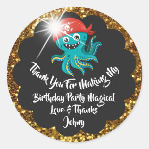 Birthday Pirate Favour Thank Red Black Glitter Classic Round Sticker