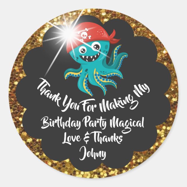 Birthday Pirate Favour Thank Red Black Glitter Gol Classic Round Sticker (Front)