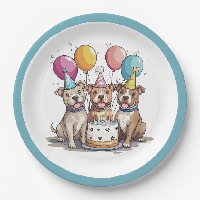 Birthday Pit Bull Dogs Paper Plate (Front)