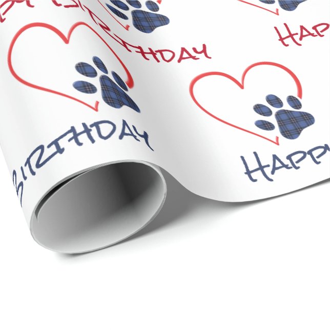 Birthday Plaid Paw Print with Heart Wrapping Paper (Roll Corner)