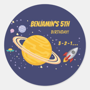 Birthday Planets & Rocket Ship in Outer Space Classic Round Sticker