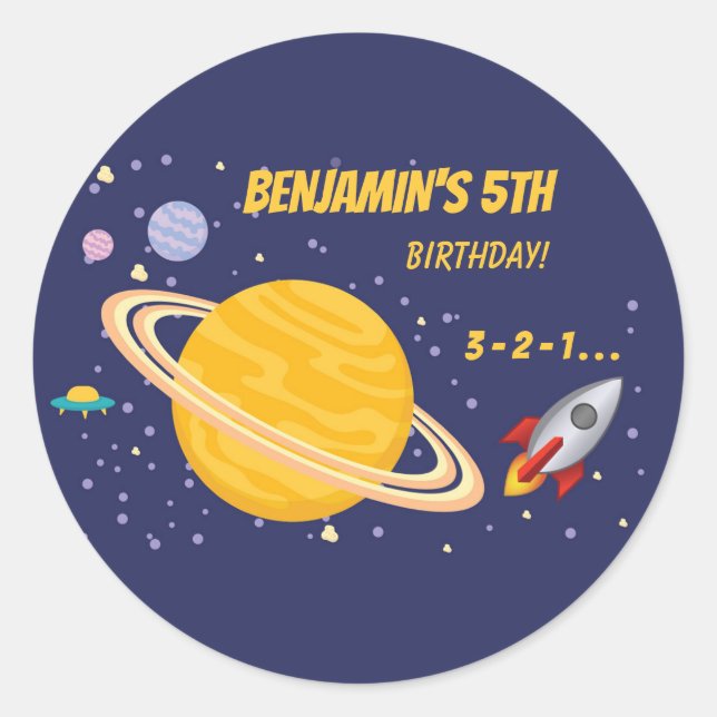 Birthday Planets & Rocket Ship in Outer Space Classic Round Sticker (Front)