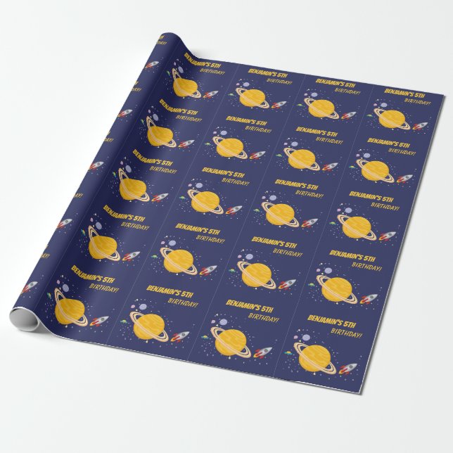 Birthday Planets & Rocket Ship in Outer Space Wrapping Paper (Unrolled)