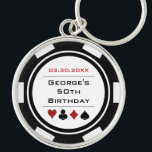 Birthday Poker Chip Casino Theme Black White Key Ring<br><div class="desc">This black and white poker chip style keychain would make a perfect gift for either the birthday boy,  or,  for the whole party as a gift! Personalise your design with a name and birth date # in black in the centre,  and your custom text in red on top.</div>