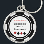 Birthday Poker Chip Casino Theme Black White Key Ring<br><div class="desc">This black and white poker chip style keychain would make a perfect gift for either the birthday boy,  or,  for the whole party as a gift! Personalise your design with a name and birth date # in black in the centre,  and your custom text in red on top.</div>