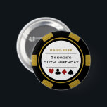 Birthday Poker Chip Casino Theme Gold Black 6 Cm Round Badge<br><div class="desc">These gold, white, and black poker chip style buttons would make a perfect gift for either the birthday boy, or, for the whole party to wear while at the party! Personalise your design with your name and birth date # in black in the centre, and birthday in a golden colour...</div>