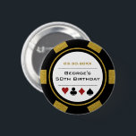 Birthday Poker Chip Casino Theme Gold Black 6 Cm Round Badge<br><div class="desc">These gold, white, and black poker chip style buttons would make a perfect gift for either the birthday boy, or, for the whole party to wear while at the party! Personalise your design with your name and birth date # in black in the centre, and birthday in a golden colour...</div>