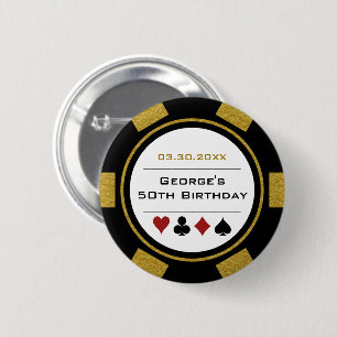 Birthday Poker Chip Casino Theme Gold Black 6 Cm Round Badge