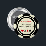 Birthday Poker Chip Casino Theme Red Black 6 Cm Round Badge<br><div class="desc">These white and black glossy poker chip style buttons would make a perfect gift for either the birthday boy,  or,  for the whole party to wear while at the party! Personalise your design with your name and birthdate # in black in the centre,  and birthday in red on top.</div>