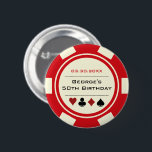 Birthday Poker Chip Casino Theme Red Cream 6 Cm Round Badge<br><div class="desc">These creamy white and red poker chip style buttons would make a perfect gift for either the birthday boy, or, for the whole party to wear while at the party! Personalise your design with your name and birth date # in black in the centre, and birthday in red on top....</div>