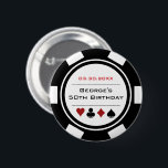 Birthday Poker Chip Casino Theme White Black 6 Cm Round Badge<br><div class="desc">These white and black poker chip style buttons would make a perfect gift for either the birthday boy,  or,  for the whole party to wear while at the party! Personalise your design with your name and birth date # in black in the centre,  and birthday in red on top.</div>